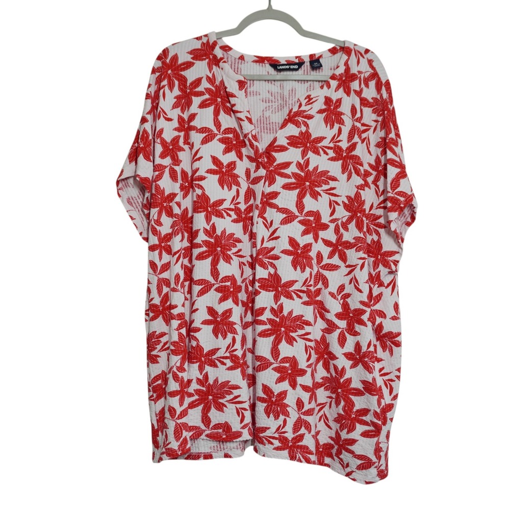 Lands End Women's 3X Shirt Red Floral Tropical Split Neck Ribbed Knit Beach Fun